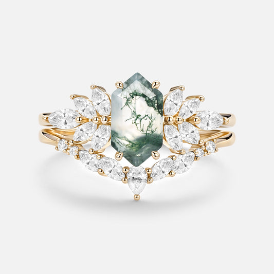 Meadow Hexagon Cut Moss Agate Vintage Ring Set 2pcs