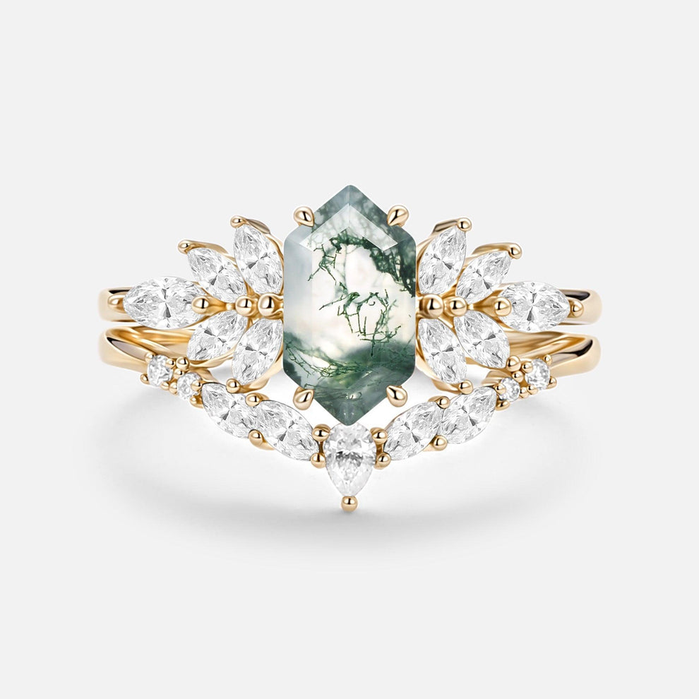 Meadow Hexagon Cut Moss Agate Vintage Ring Set 2pcs.