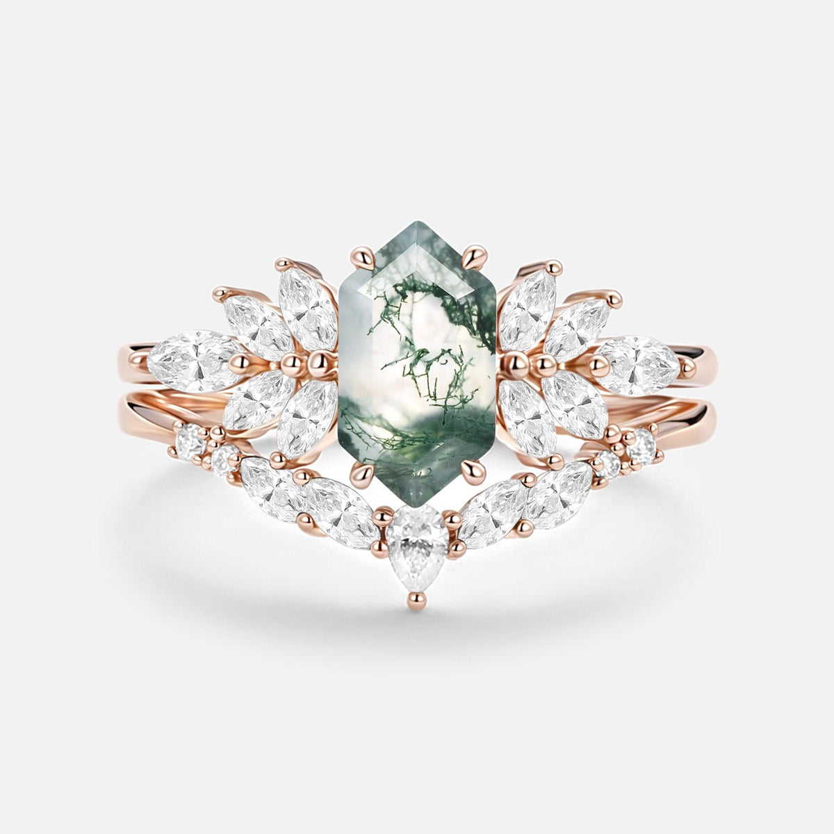 Meadow Hexagon Cut Moss Agate Vintage Ring Set 2pcs.