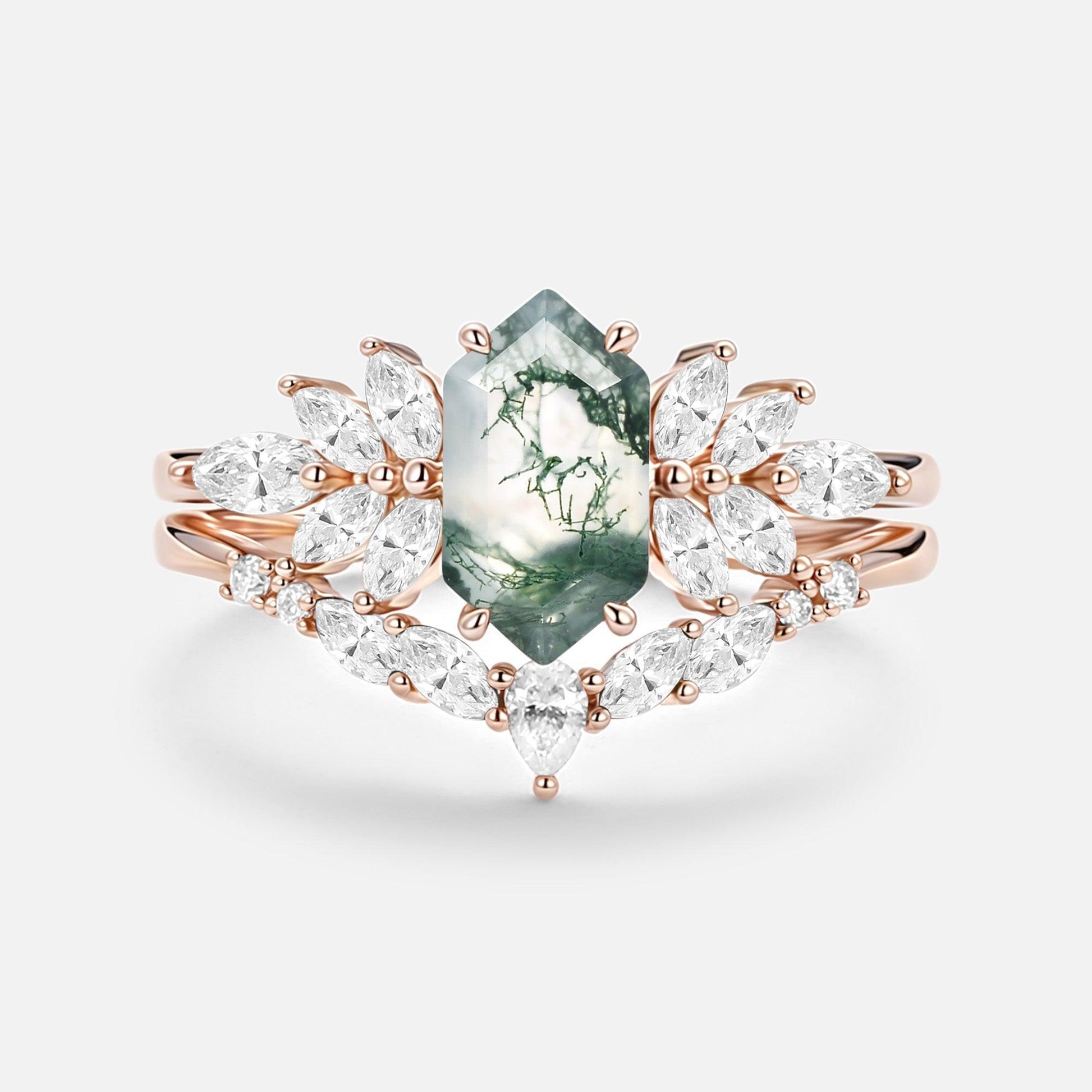 Meadow Hexagon Cut Moss Agate Vintage Ring Set 2pcs.