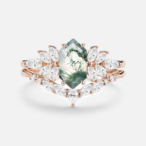 Meadow Hexagon Cut Moss Agate Vintage Ring Set 2pcs.