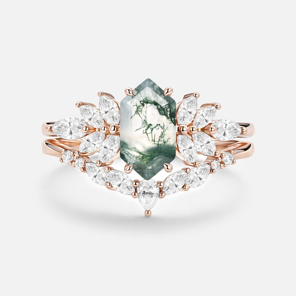 Meadow Hexagon Cut Moss Agate Vintage Ring Set 2pcs.
