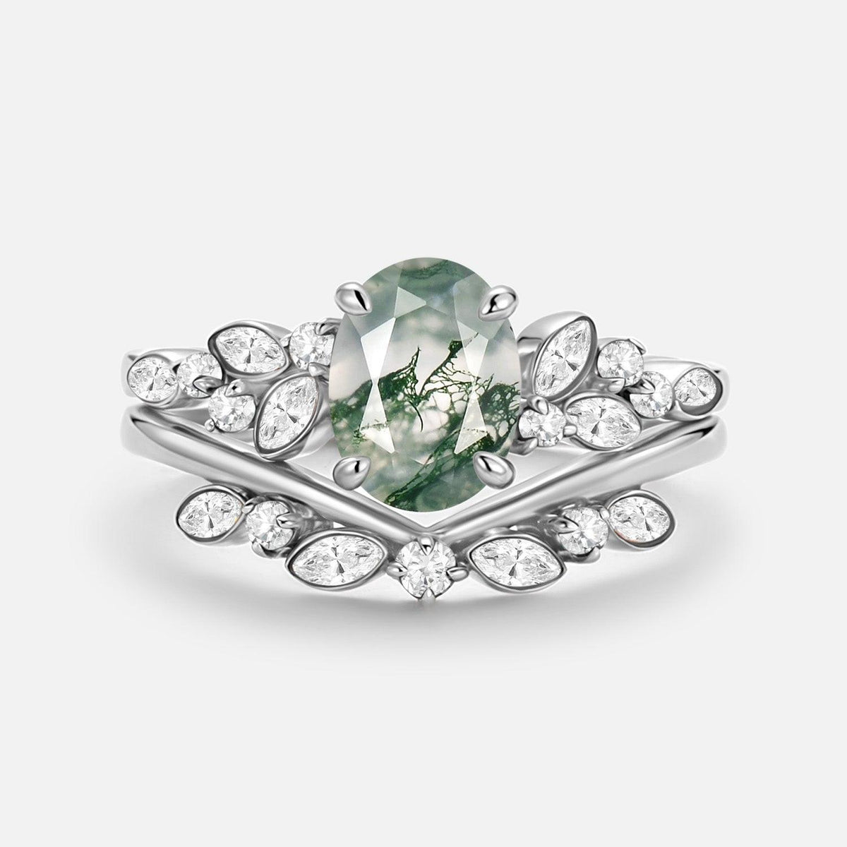 Aurora’s Constellation | Oval Cut Moss Agate & Marquise Moissanite Bridal Set 2pcs.