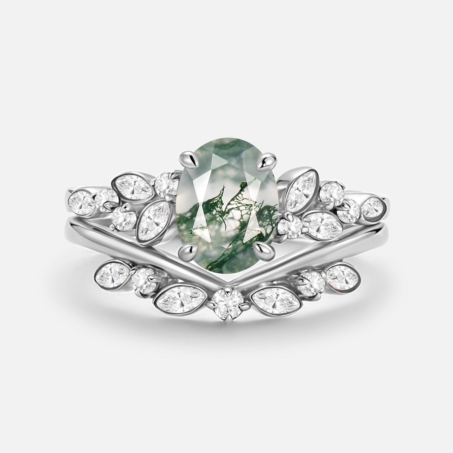 Aurora’s Constellation | Oval Cut Moss Agate & Marquise Moissanite Bridal Set 2pcs