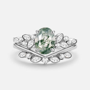 Aurora’s Constellation | Oval Cut Moss Agate & Marquise Moissanite Bridal Set 2pcs
