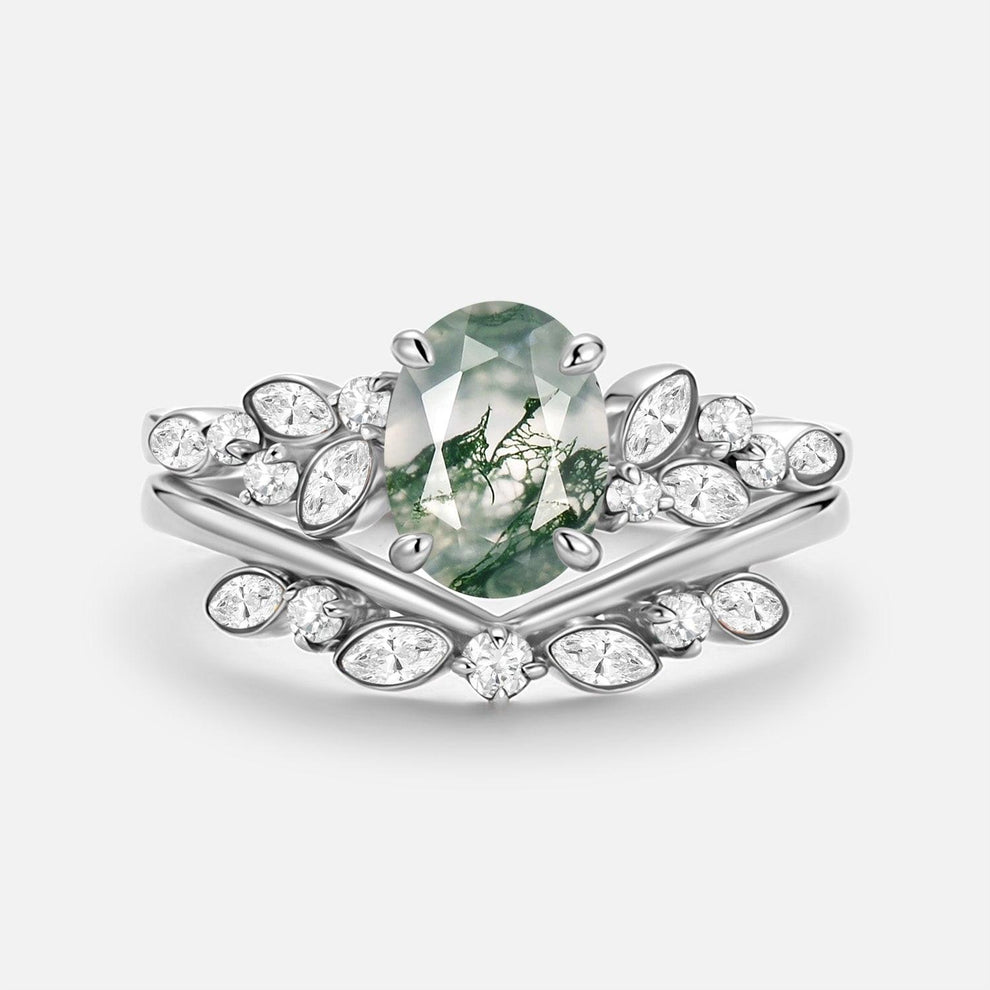 Aurora’s Constellation | Oval Cut Moss Agate & Marquise Moissanite Bridal Set 2pcs.
