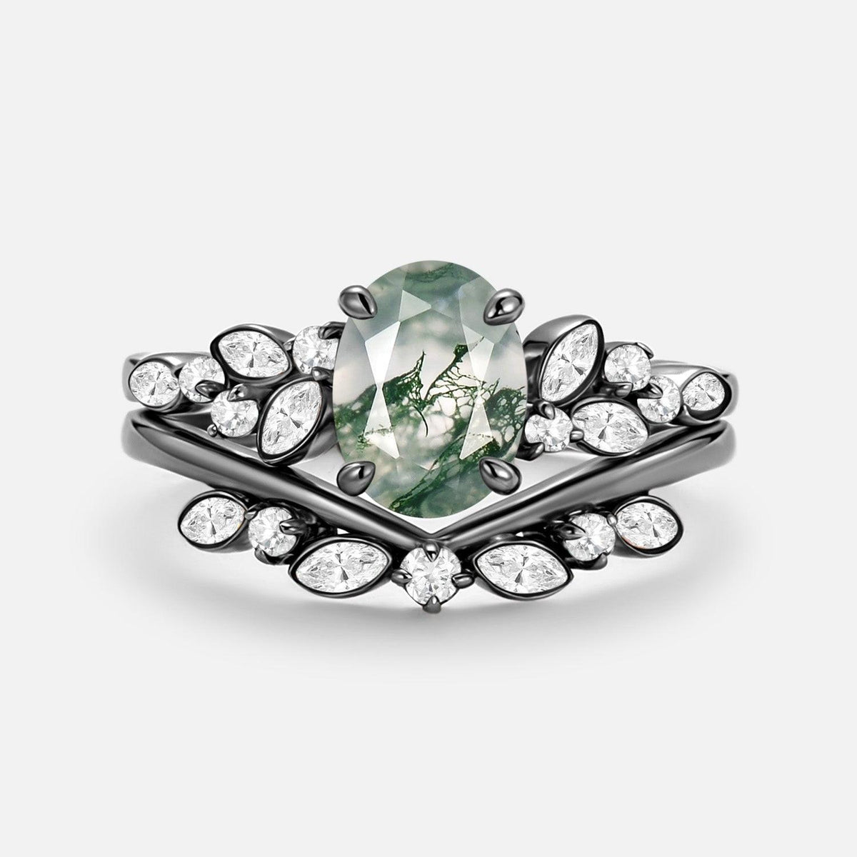 Aurora’s Constellation | Oval Cut Moss Agate & Marquise Moissanite Bridal Set 2pcs.