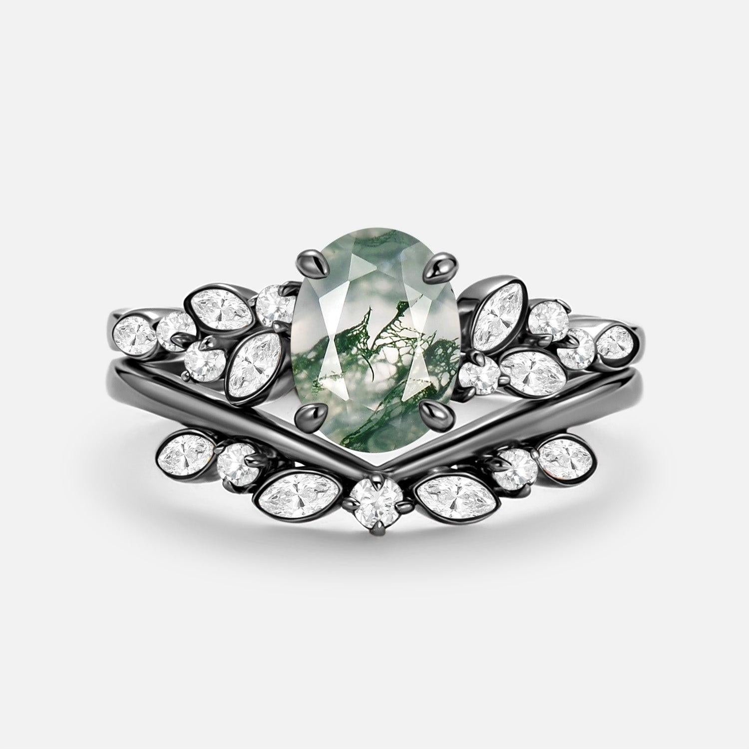 Aurora’s Constellation | Oval Cut Moss Agate & Marquise Moissanite Bridal Set 2pcs