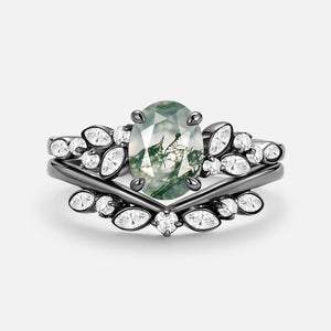 Aurora’s Constellation | Oval Cut Moss Agate & Marquise Moissanite Bridal Set 2pcs