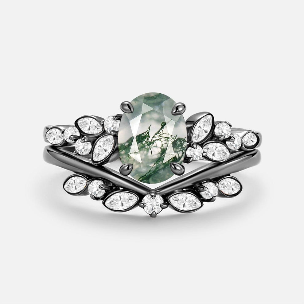 Aurora’s Constellation | Oval Cut Moss Agate & Marquise Moissanite Bridal Set 2pcs.