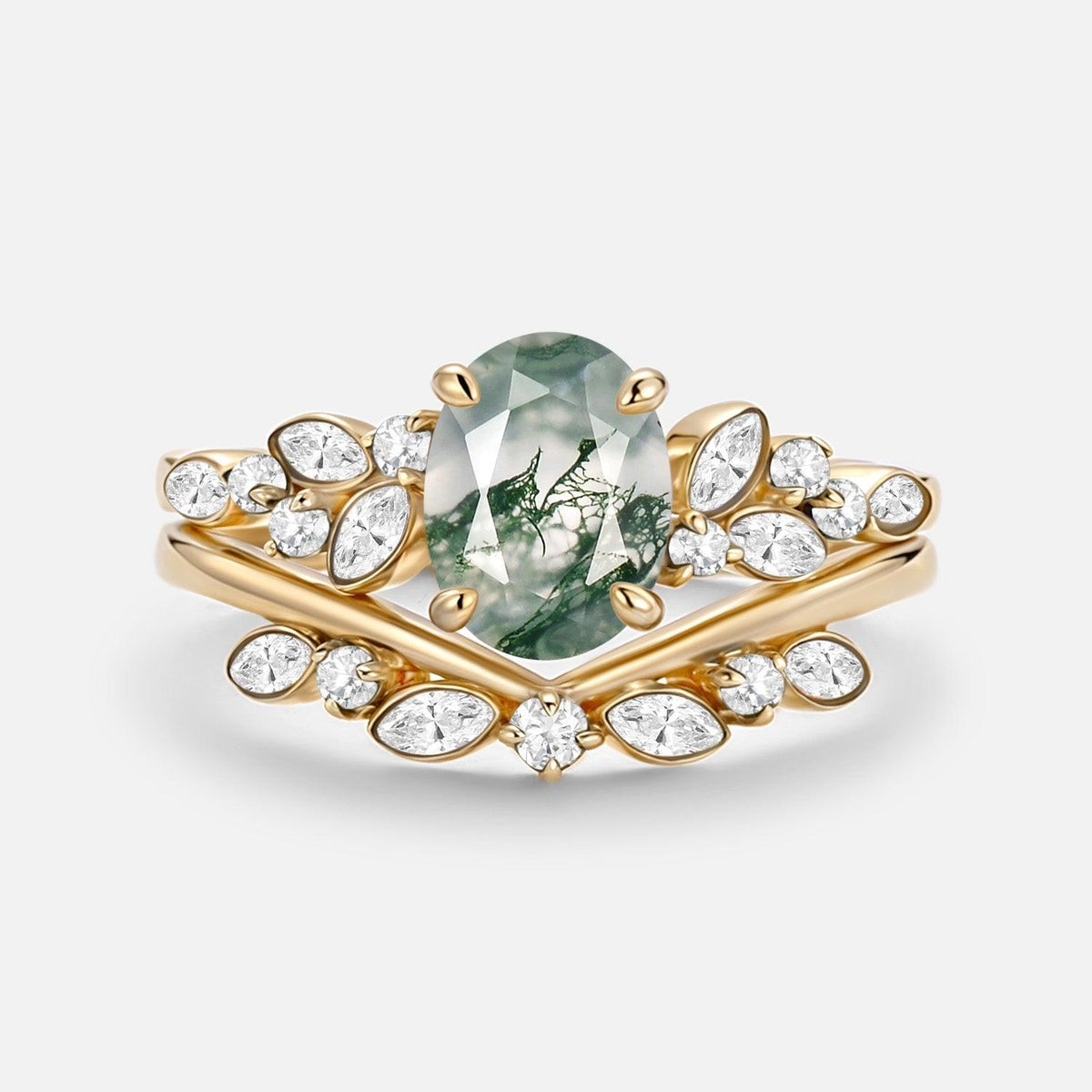 Aurora’s Constellation | Oval Cut Moss Agate & Marquise Moissanite Bridal Set 2pcs.
