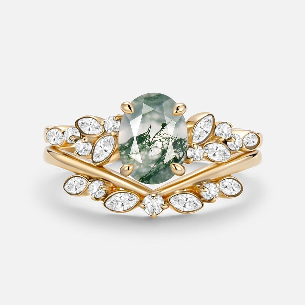 Aurora’s Constellation | Oval Cut Moss Agate & Marquise Moissanite Bridal Set 2pcs.