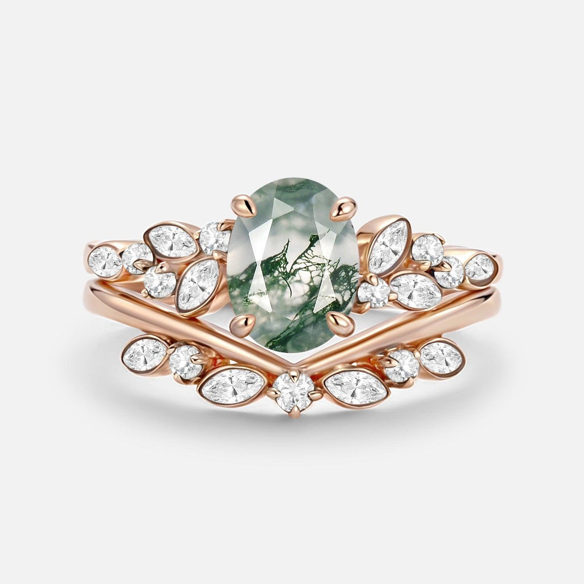 Aurora’s Constellation | Oval Cut Moss Agate & Marquise Moissanite Bridal Set 2pcs.