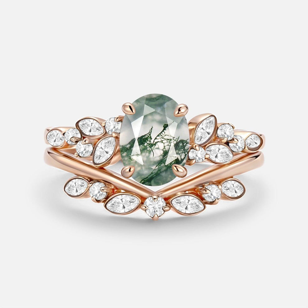 Aurora’s Constellation | Oval Cut Moss Agate & Marquise Moissanite Bridal Set 2pcs.