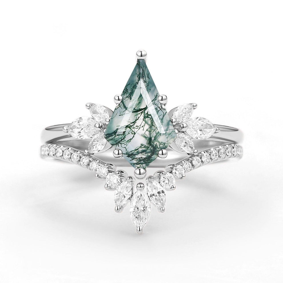 Titania’s Wings | Kite Cut Moss Agate Butterfly Engagement Ring Set 2pcs.