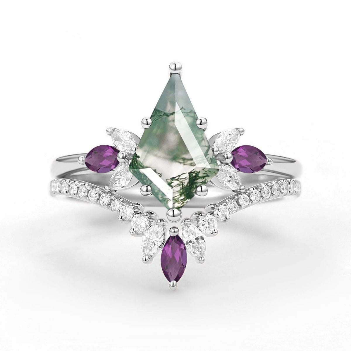Butterfly Fairy - Unique Kite Cut Moss Agate & Amethyst Engagement Ring Set 2pcs.