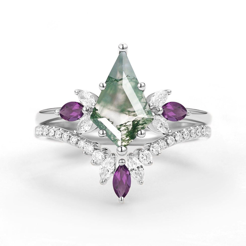 Butterfly Fairy - Unique Kite Cut Moss Agate & Amethyst Engagement Ring Set 2pcs.