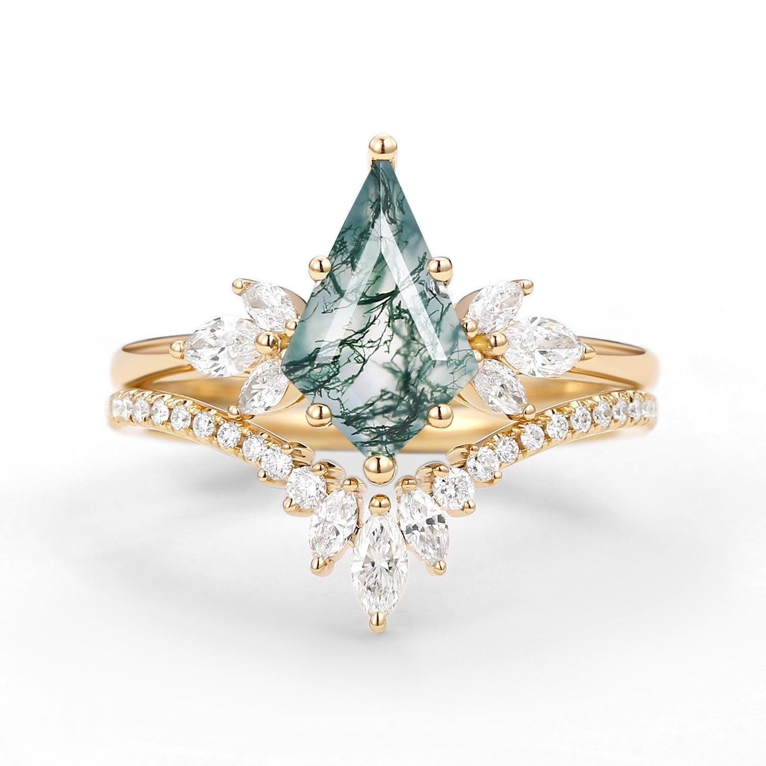 Titania’s Wings | Kite Cut Moss Agate Butterfly Engagement Ring Set 2pcs.