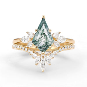 Titania’s Wings | Kite Cut Moss Agate Butterfly Engagement Ring Set 2pcs.