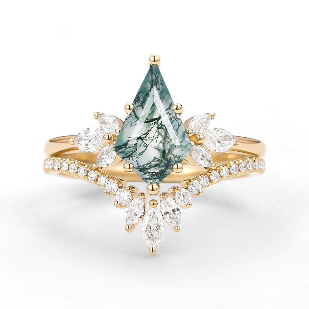 Titania’s Wings | Kite Cut Moss Agate Butterfly Engagement Ring Set 2pcs.