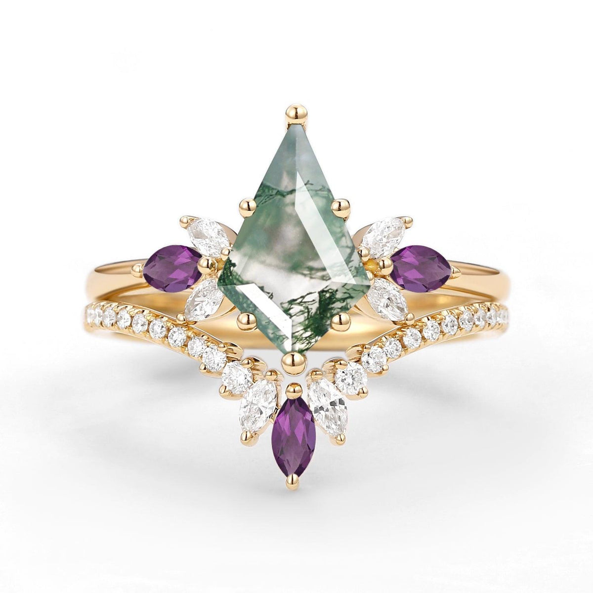Butterfly Fairy - Unique Kite Cut Moss Agate & Amethyst Engagement Ring Set 2pcs.