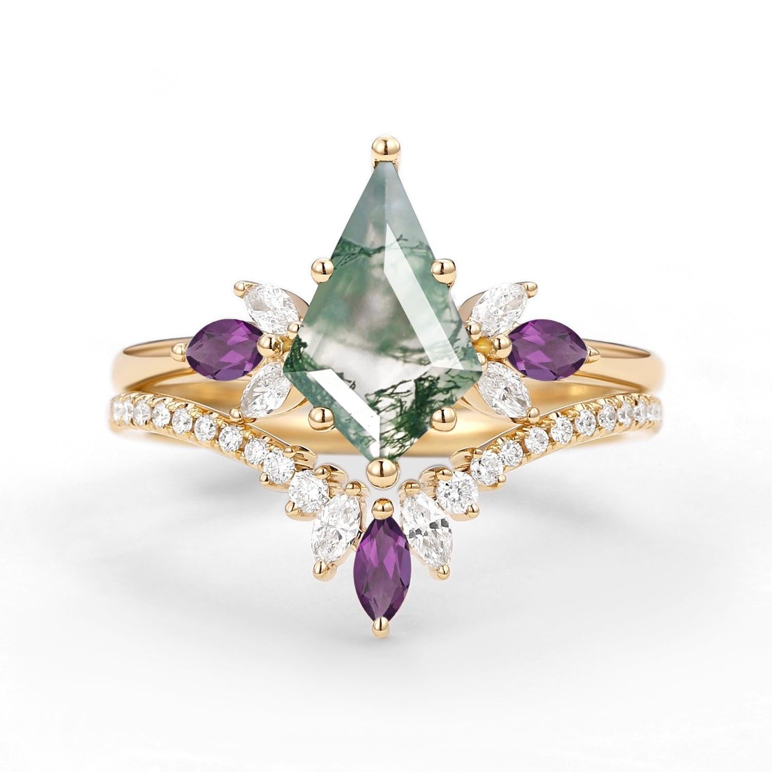 Butterfly Fairy - Unique Kite Cut Moss Agate & Amethyst Engagement Ring Set 2pcs.