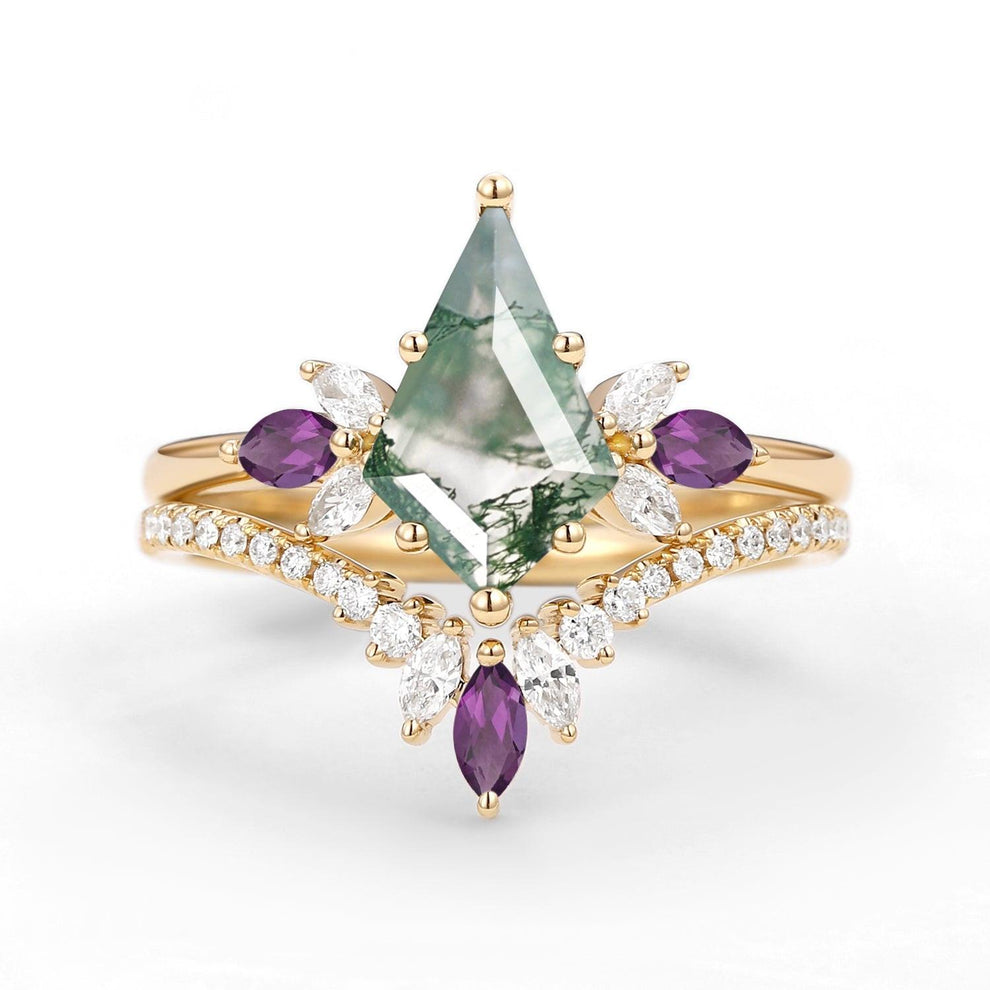 Butterfly Fairy - Unique Kite Cut Moss Agate & Amethyst Engagement Ring Set 2pcs.