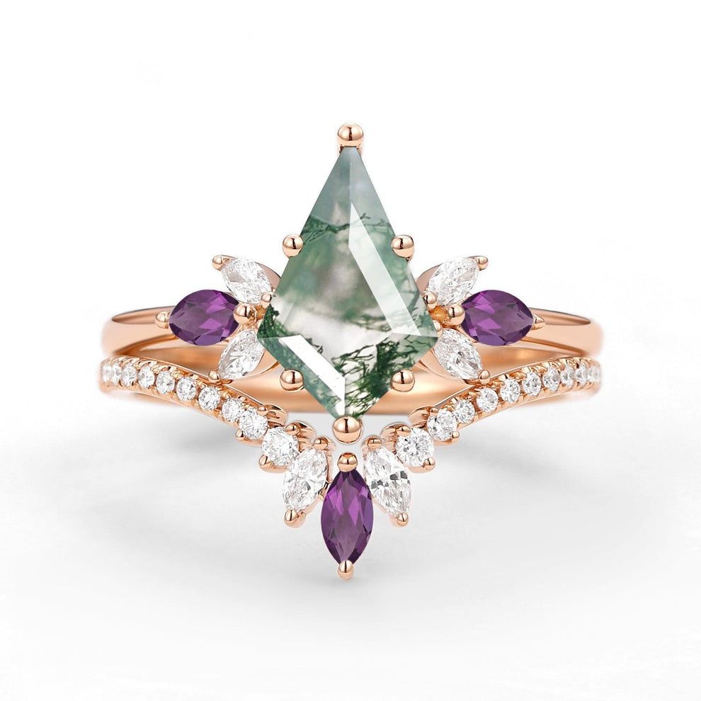 Butterfly Fairy - Unique Kite Cut Moss Agate & Amethyst Engagement Ring Set 2pcs.