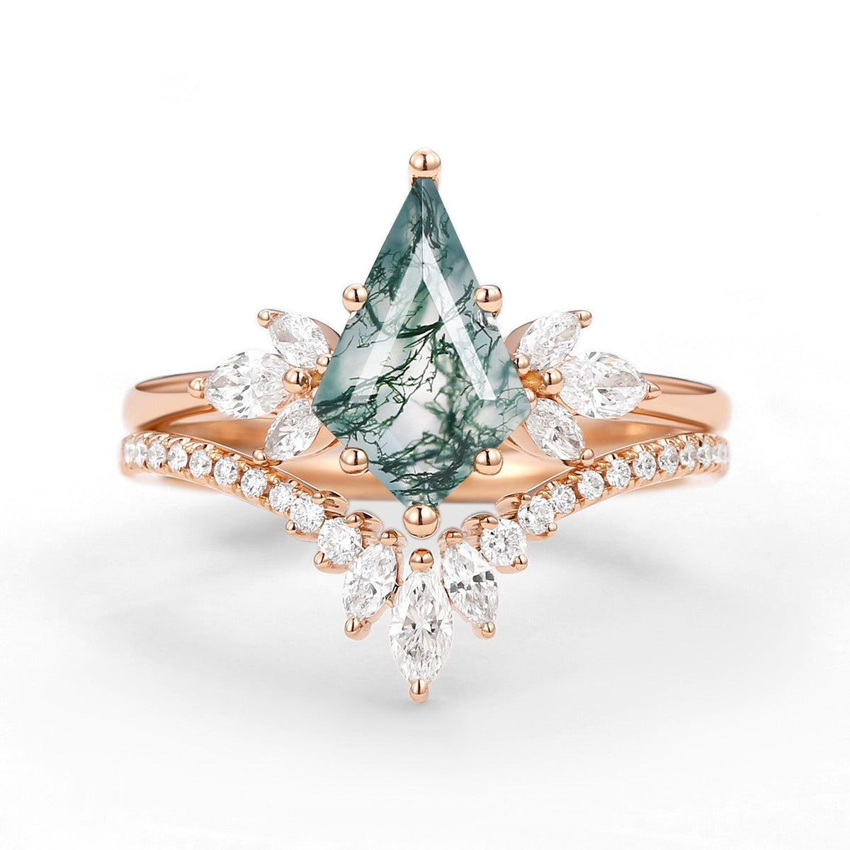 Titania’s Wings | Kite Cut Moss Agate Butterfly Engagement Ring Set 2pcs.