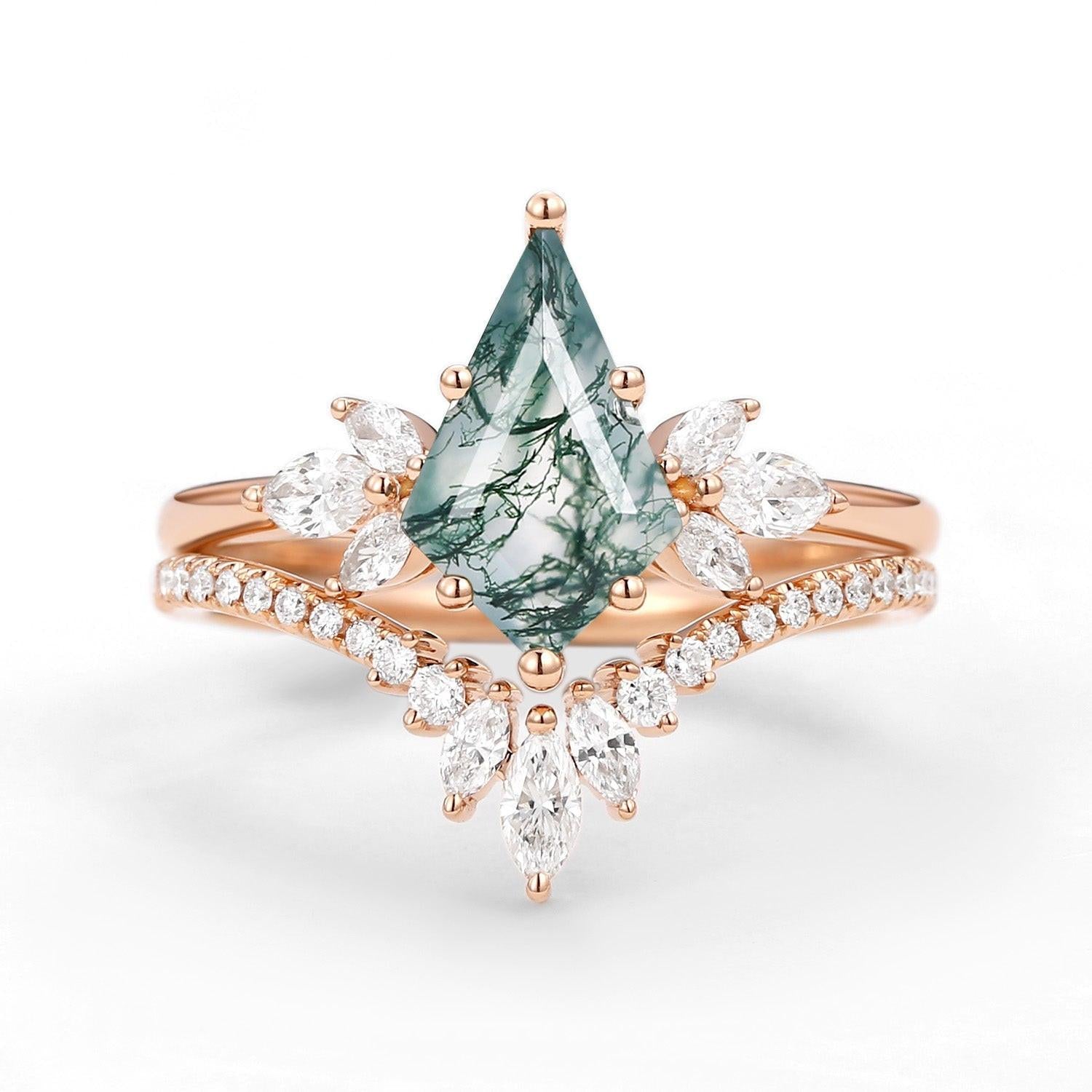 Titania’s Wings | Kite Cut Moss Agate Butterfly Engagement Ring Set 2pcs.