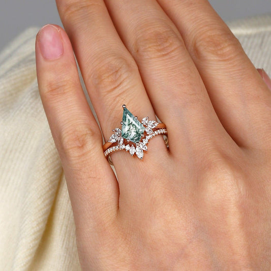 Titania’s Wings | Kite Cut Moss Agate Butterfly Engagement Ring Set 2pcs.