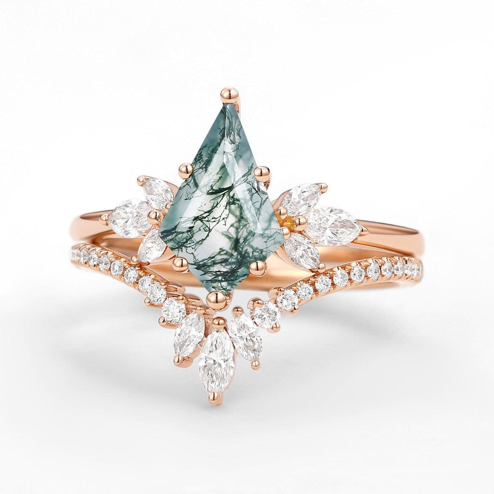 Titania’s Wings | Kite Cut Moss Agate Butterfly Engagement Ring Set 2pcs.