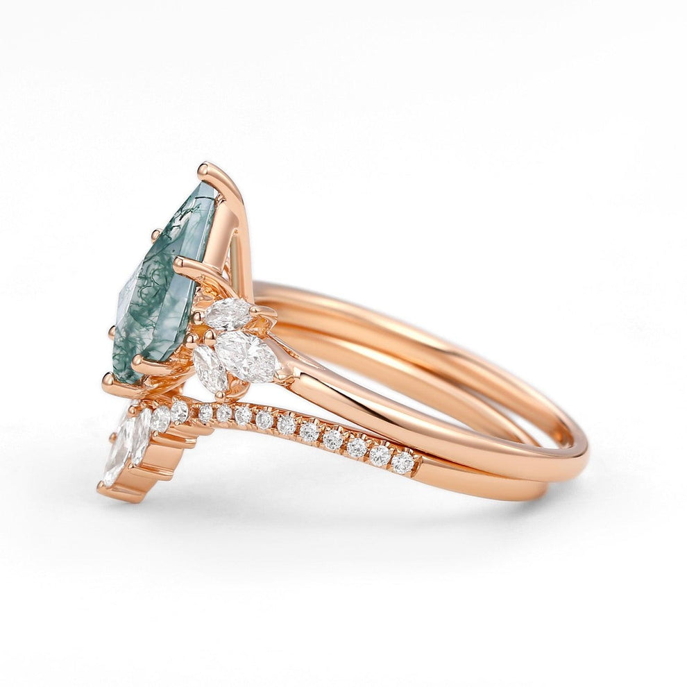 Titania’s Wings | Kite Cut Moss Agate Butterfly Engagement Ring Set 2pcs.