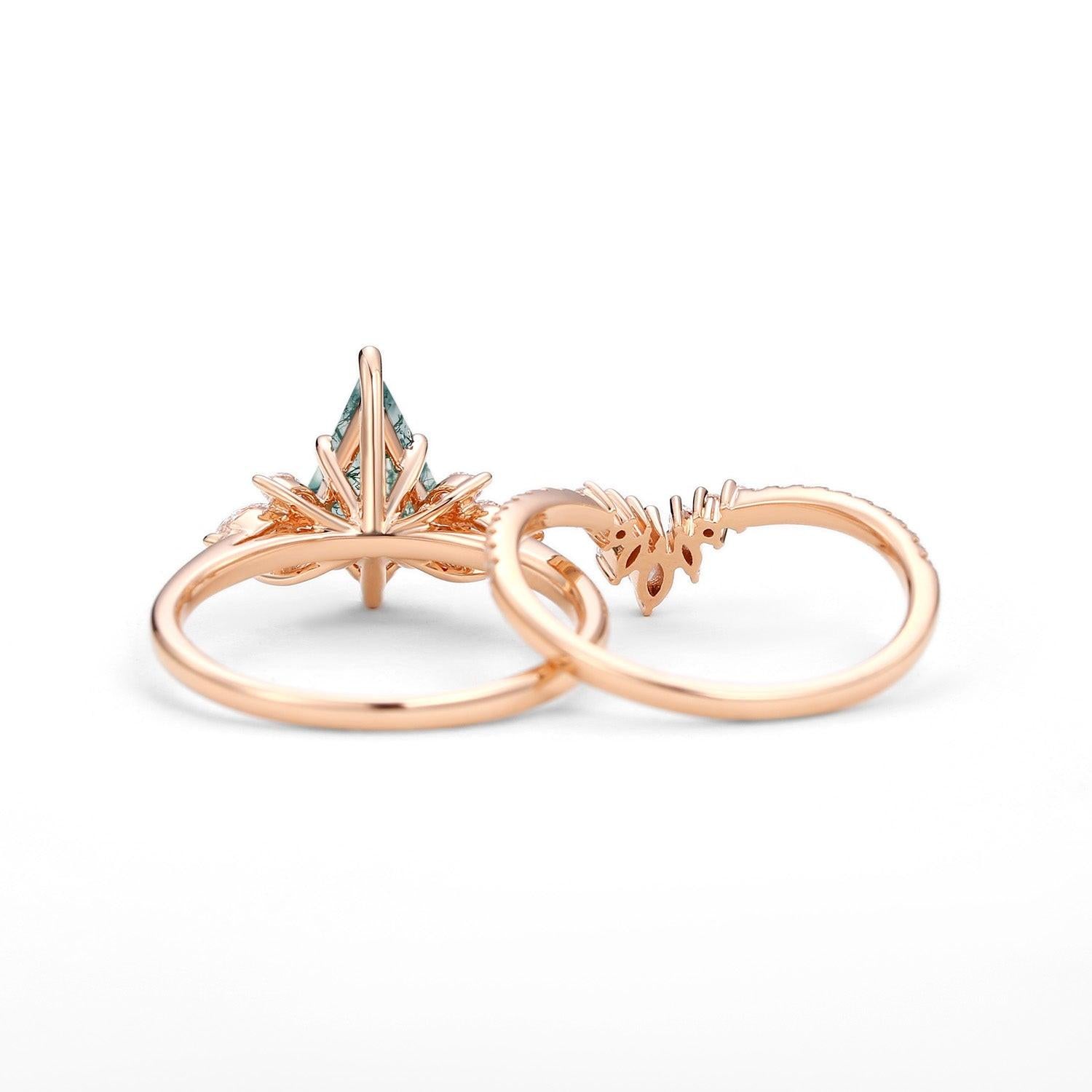 Titania’s Wings | Kite Cut Moss Agate Butterfly Engagement Ring Set 2pcs.