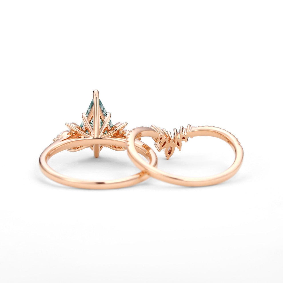 Titania’s Wings | Kite Cut Moss Agate Butterfly Engagement Ring Set 2pcs.