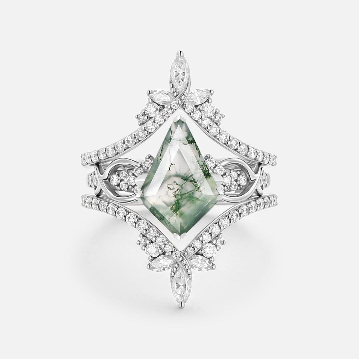 Kest Infinity Kite Cut Moss Agate Cluster Cage Ring Set.