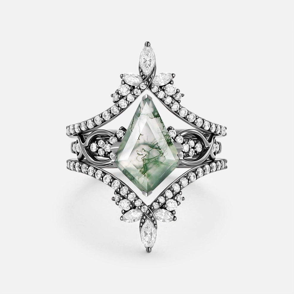 Kest Infinity Kite Cut Moss Agate Cluster Cage Ring Set.