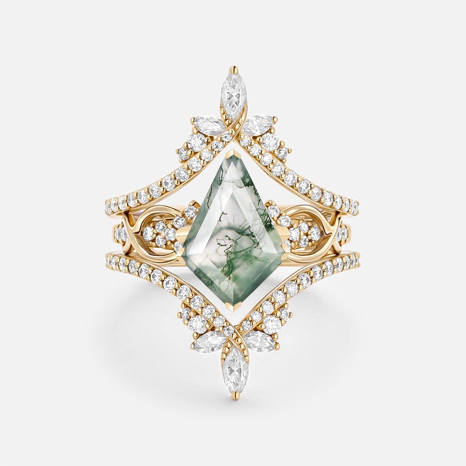 Kest Infinity Kite Cut Moss Agate Cluster Cage Ring Set.