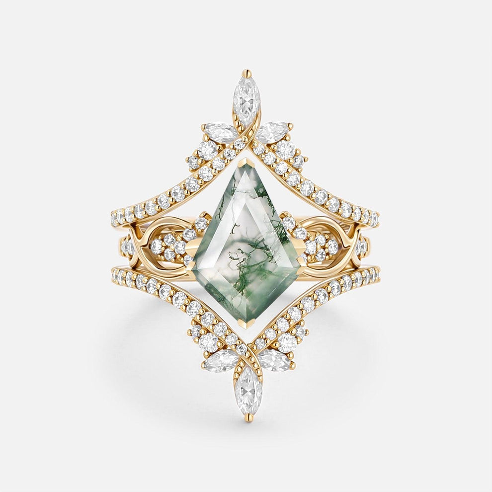 Kest Infinity Kite Cut Moss Agate Cluster Cage Ring Set.