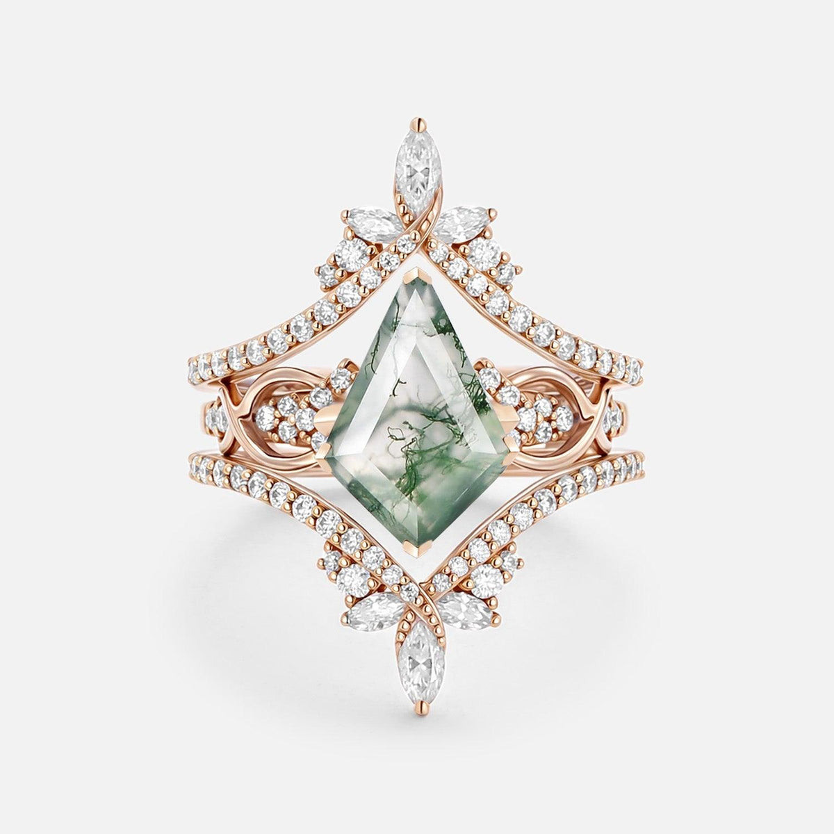 Kest Infinity Kite Cut Moss Agate Cluster Cage Ring Set.