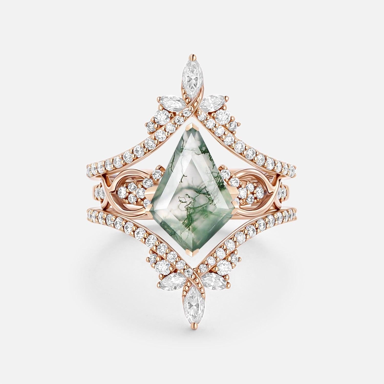 Kest Infinity Kite Cut Moss Agate Cluster Cage Ring Set.