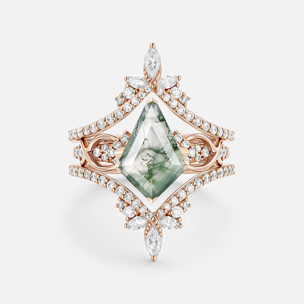 Kest Infinity Kite Cut Moss Agate Cluster Cage Ring Set.