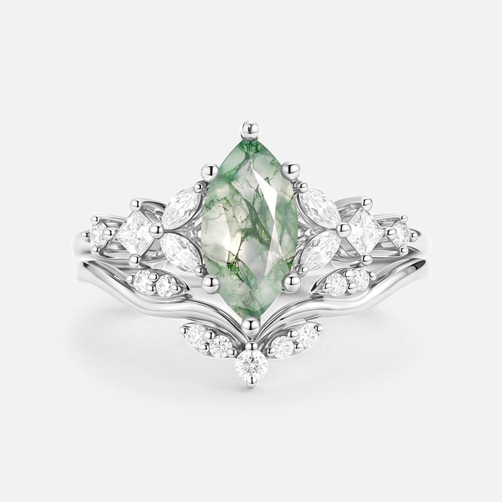 Sylvie’s Vine | Marquise Cut Moss Agate Leafy Bridal Set 2pcs.