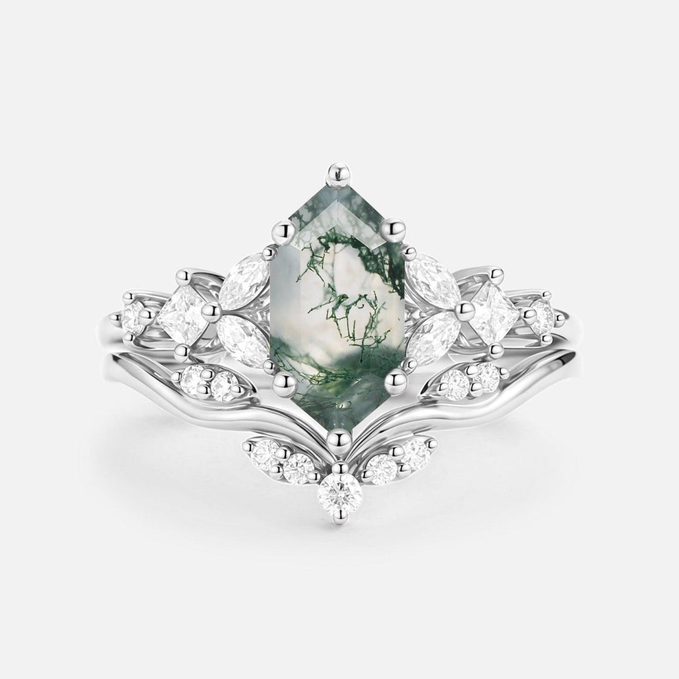 Vexa Long Hexagon Moss Agate Engagement Ring Set 2pcs.