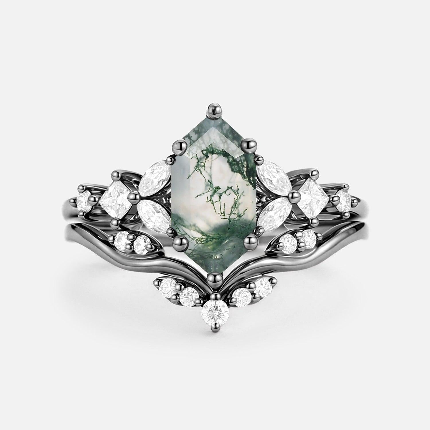 Vexa Long Hexagon Moss Agate Engagement Ring Set 2pcs.