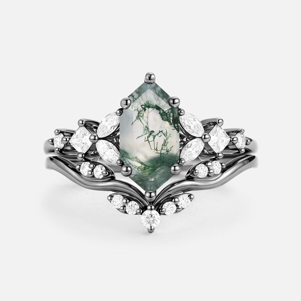 Vexa Long Hexagon Moss Agate Engagement Ring Set 2pcs.