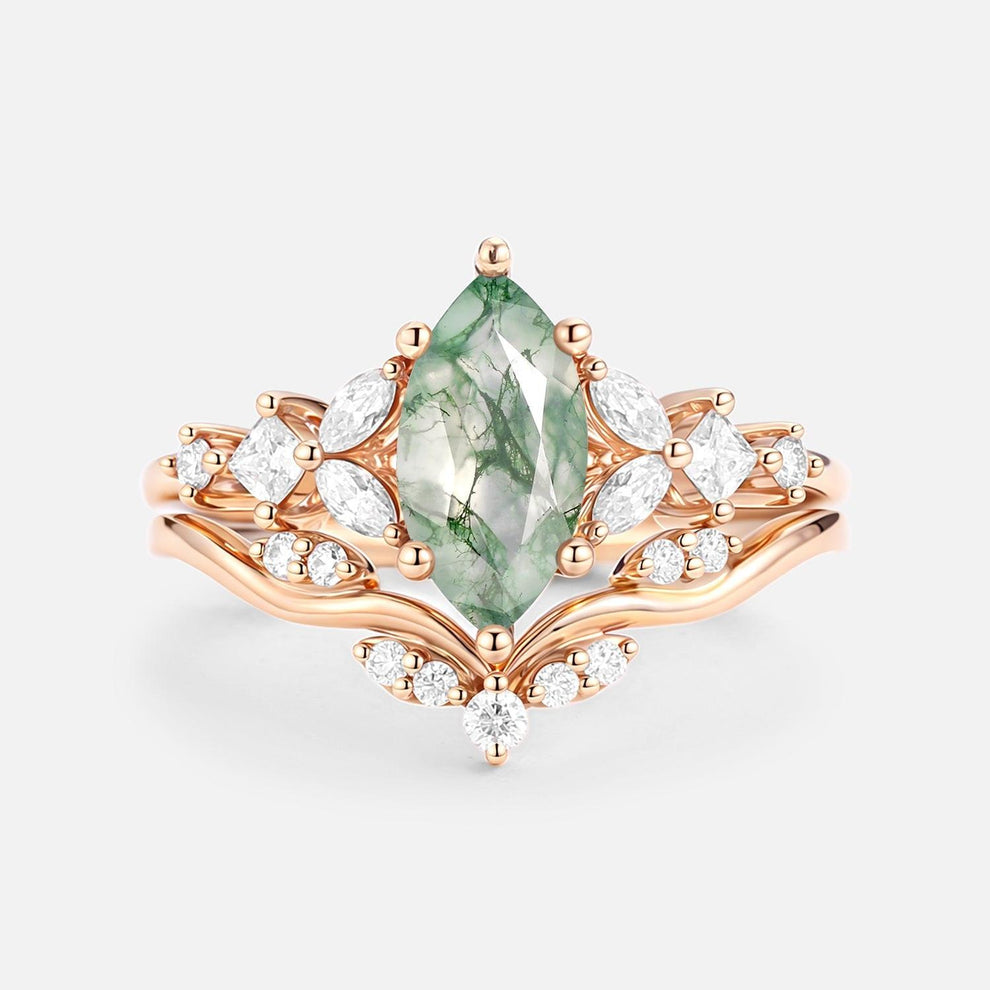 Sylvie’s Vine | Marquise Cut Moss Agate Leafy Bridal Set 2pcs.