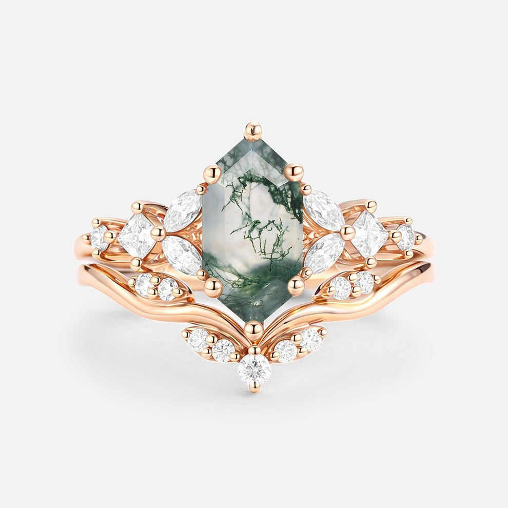 Vexa Long Hexagon Moss Agate Engagement Ring Set 2pcs.