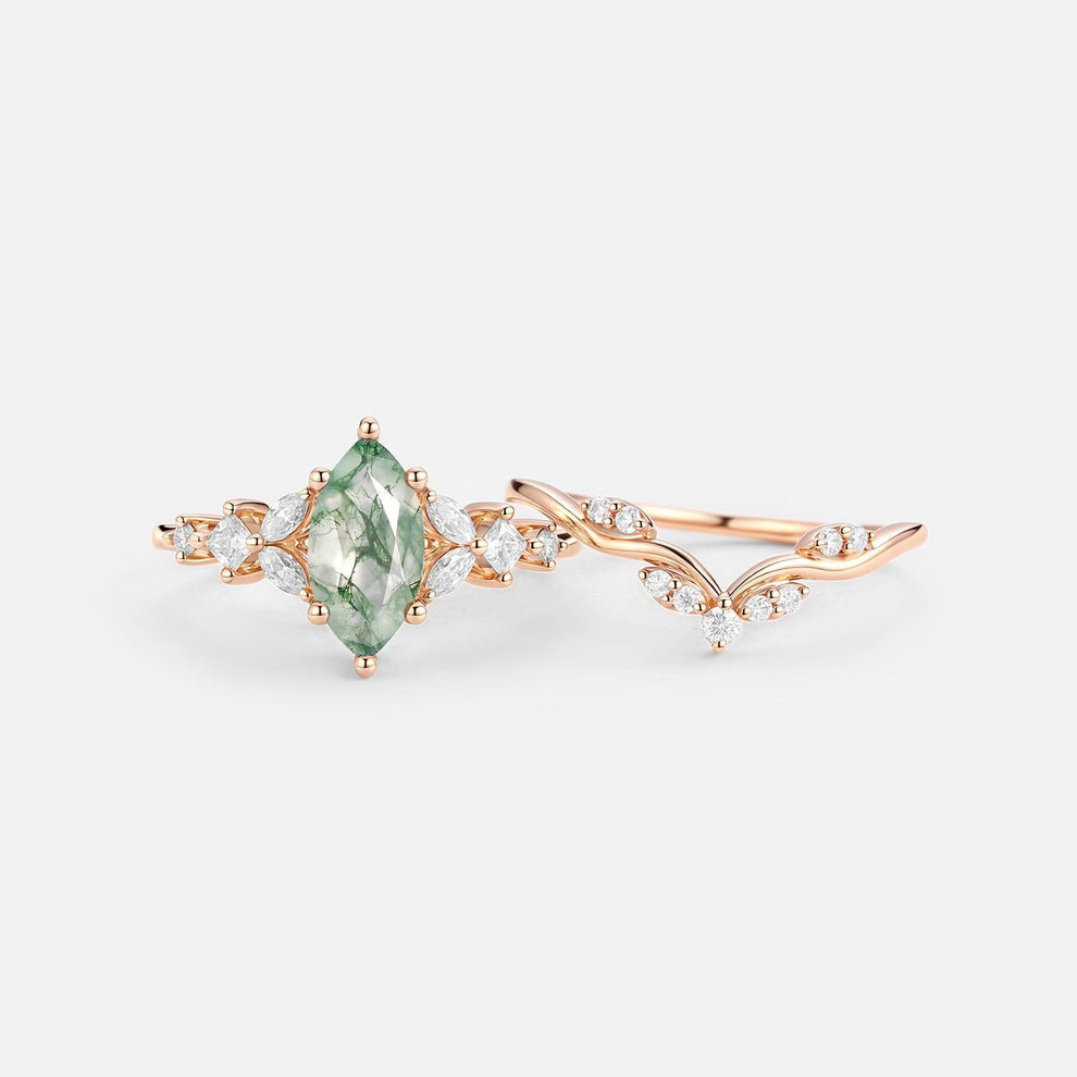 Sylvie’s Vine | Marquise Cut Moss Agate Leafy Bridal Set 2pcs.