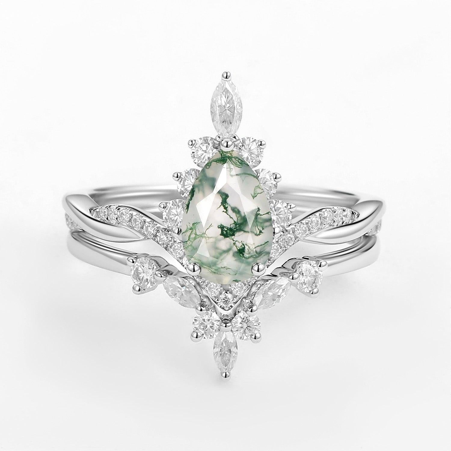 Unique Moss Agate Pear Shape Engagement Ring Sets 2pcs.